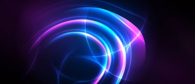 Soyut neon ışıklar kıvrımlı kıvrımlar oluşturur, enerji yayar. Canlı maviler, morlar dinamik görsel etki yaratır. Koyu arkaplan parlaklığı arttırır.