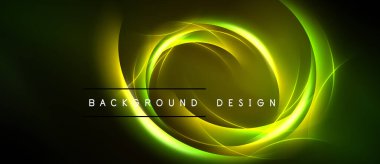 Soyut tasarım koyu arkaplan üzerinde parlak yeşil kıvrımlar içerir. Metin arka plan tasarımı okur. Modern, dinamik görsel sunum.