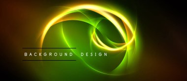 Parlak neon girdaplar karanlık zemin üzerinde hakimdir. Metin arka plan tasarımı okur. Canlı renkler dinamik görsel efekt yaratır.