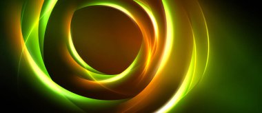 Soyut tasarım kıvrımlı çizgiler, canlı yeşil, turuncu renkler içerir. Koyu arkaplan parlak eğrileri vurgular, dinamik görsel efekt yaratır.