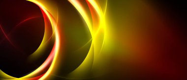 Soyut tasarım dalgalı kıvrımlar, canlı renkler içerir. Sarılar, portakallar, kırmızılar koyu arkaplana karışıyor. Modern, dinamik kompozisyon.