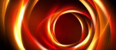 Soyut tasarım eşmerkezli parlayan daireler içerir. Sıcak renkler baskın gelir, dinamik görsel efekt yaratır. Koyu arkaplan aydınlığı artırır.