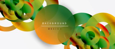 Soyut tasarım özellikleri üst üste binen daireler, canlı renkler. Gradyan gölgeler dinamik görsel efekt yaratır. Modern, temiz estetik.