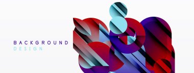 Abstract geometric shapes overlap, creating dynamic colorful composition. Modern design elements suggest innovation, fluidity.