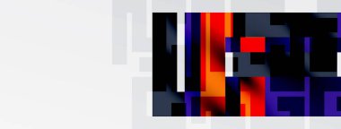 Soyut dijital sanat. Dikdörtgen şekiller canlı renkleri harmanlayarak modern görsel etki yaratır. Beyaz alan kompozisyona hakim.