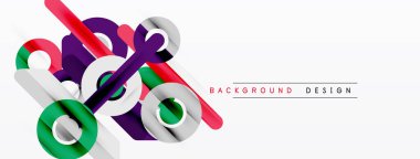 Soyut geometrik şekiller örtüşür, dinamik görsel kompozisyon yaratır. Renkler arasında kırmızı, mor, yeşil, gümüş vardır. Modern tasarım ögesi.