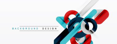 Soyut geometrik şekiller örtüşür, dinamik görsel efekt yaratır. Beyaz arka plan parlak mavi, kırmızı ve gri elementleri arttırır. Modern tasarım.