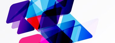 Soyut geometrik şekiller örtüşür, canlı renk karışımları yaratır. Maviler, morlar, pembeler beyaz arkaplana hükmediyor. Modern tasarım elemanları.