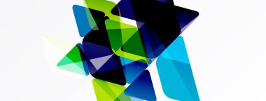 Soyut geometrik şekiller örtüşür, canlı renk karışımları yaratır. Mavi, yeşil, siyah baskın kompozisyon. Modern tasarım ögesi.