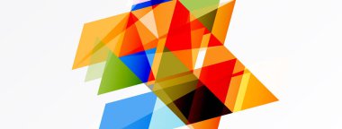 Soyut geometrik şekiller örtüşür, canlı renk bileşimi yaratır. Üçgenler modern estetik sunarak tasarıma hükmediyor..