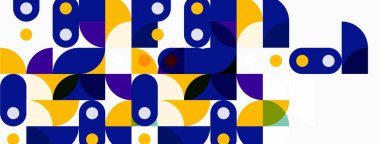 Soyut geometrik şekiller, canlı renkler, modern tasarım. Kompozisyon daireler, kareler, dikdörtgenler, üst üste binen formlar içerir. Minimalist estetik.