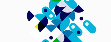 Soyut geometrik şekiller örtüşür, dinamik bileşim yaratır. Maviler, yeşiller nötr arka plana hakim. Modern tasarım ögesi.