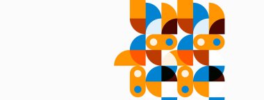 Soyut geometrik şekiller, turuncu, mavi, kahverengi tonlar. Minimalist tasarım, modern estetik, temiz kompozisyon. Desen tekrarlanıyor, görsel ilgi yaratıyor.