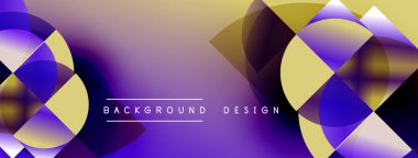 Soyut geometrik şekiller mor, altın rengi harmanlarlar. Modern tasarım dinamik görsel efekt yaratır. Arkaplan özellikleri üst üste binen daireler, üçgenler.