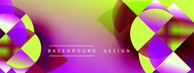 Soyut canlı tasarım, üst üste binen daireler, kareler. Renkler mor, sarı, pembe. Modern estetik, dinamik kompozisyon.