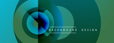 Soyut tasarım eşmerkezli daireler, gradyan renkler içerir. Teal, mavi, yeşil renkler modern görsel efekt yaratır. Metin arkaplan tasarımı okur.