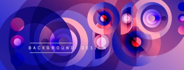 Soyut arkaplan özellikleri üst üste binen daireler, gradyanlar. Mor, mavi renkler tasarıma hakim, dinamik görsel efekt yaratıyor. Metin arkaplan tasarımı okur.