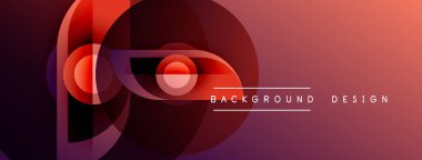 Soyut tasarım özellikleri üst üste binen daireler, gradyanlar. Kırmızı, mor renkler kompozisyona hakim. Modern estetik, basit metin elementleri.