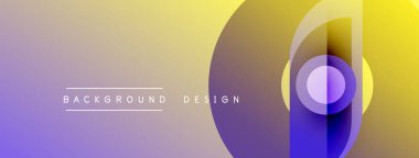 Soyut eğim arkaplanı. Üst üste binen daireler dinamik görsel efekt yaratır. Mor, sarı renkler kompozisyona hakim. Modern tasarım ögesi.