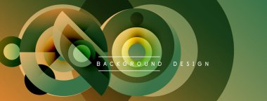 Soyut geometrik şekiller, daireler, çizgiler modern tasarım yaratır. Yeşil, turuncu renkler kompozisyona hakim. Metin arkaplan tasarımı okur.