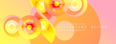 Soyut tasarım özellikleri üst üste binen daireler, gradyanlar. Sıcak renkler baskın gelir, dinamik görsel efekt yaratır. Arkaplan metin ögelerini içerir.