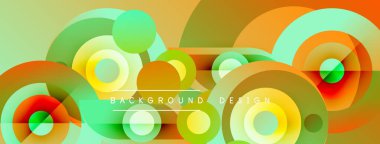 Soyut daireler örtüşüyor, canlı renk kalıpları yaratıyor. Arkaplanda sıcak tonlar, yeşil renkler, modern tasarım elementleri yer alıyor.