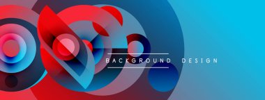 Soyut canlı tasarım, üst üste binen daireler, gradyanlar. Mavi, kırmızı, mor renkler dinamik görsel efekt yaratır. Metin arkaplan tasarımı okur.