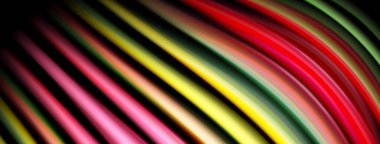 Siyah arkaplan boyunca soyut renkli çizgiler eğrisi. Canlı renkler harmanlanır ve dinamik görsel efekt yaratır. Çizgiler hareketi, enerjiyi gösteriyor..