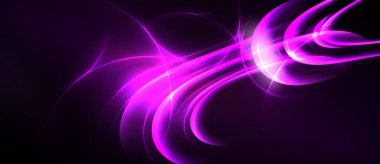 Soyut mor enerji akışları, parlak kıvrımlar, koyu arkaplan. Dinamik çizgiler ışıldayan görsel etki yaratıyor, modern tasarım ögesi.