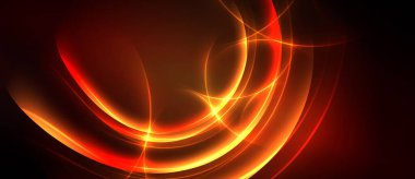 Soyut tasarım koyu arkaplana karşı canlı turuncu kıvrımlar içerir. Dinamik çizgiler enerji, sıcaklık ve modern estetik yaratır..