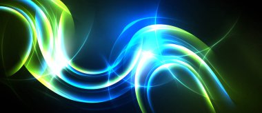 Soyut parlak dalgalar, canlı renklerin karışımı. Dinamik enerji karanlık arka plandan yayılır. Düz eğriler akış desenleri yaratır.
