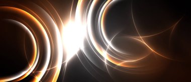 Soyut tasarım, koyu arkaplanda turuncu, beyaz kıvrımlar parlıyor. Dinamik bileşim enerji, hareket ve ışık efektlerini çağrıştırır.