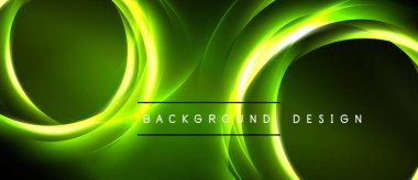 Soyut yeşil neon ışıklar dinamik kıvrımlar yaratır. Koyu arkaplan, parlayan dairesel şekilleri, modern tasarım elementini geliştirir.