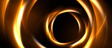 Soyut altın girdaplar dinamik dairesel desen oluşturur. Koyu arkaplan, modern estetik sunarak aydınlığı vurguluyor.