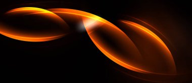 Soyut turuncu çizgiler koyu arkaplan üzerinde akan şekiller oluşturur. Merkezi kavşaktan parlak bir ışık yayılıyor. Minimalist tasarım.