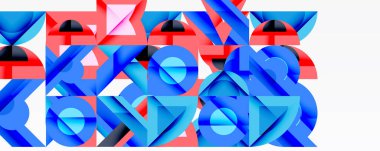 Soyut geometrik şekiller, parlak mavi, pembe renkler. Kompleks kompozisyon, modern tasarım, temiz çizgiler, dijital illüstrasyon.