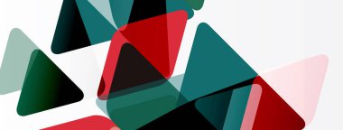 Soyut geometrik şekiller çakışıyor. Üçgenler kompozisyona hakim, kırmızı, yeşil, gri renkler kullanarak. Minimalist tasarım, modern estetik.