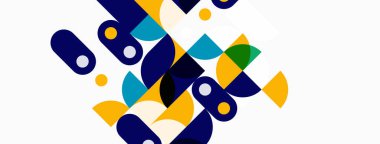 Soyut geometrik şekiller örtüşür ve canlı bir bileşim yaratır. Sarı, mavi, deniz mavisi beyaz arka plana hakim. Modern tasarım elemanları.