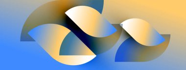 Soyut şekiller mavileri, sarıları, portakalları harmanlıyor. Yumuşak eğimler akış biçimleri yaratır, hareket ve derinlik izlenimi verir. Minimalist tasarım, sakin duyguları çağrıştırır..