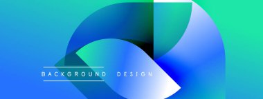 Soyut gradyan şekiller çakışıyor, dinamik görsel etki yaratıyor. Mavi, deniz mavisi renkleri modern estetiği çağrıştırıyor..