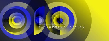 Soyut daireler örtüşüyor, dinamik sarı, mavi gradyanlar yaratıyor. Metin, kompozisyon içinde arkaplan tasarımı okur. Modern, temiz estetik.