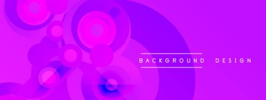 Mor eğimli arka plan, üst üste binen daireler, soyut çiçek desenleri yaratıyor. Metin arka plan tasarımı okur. Modern, canlı estetik..