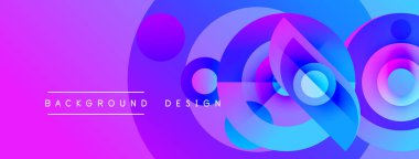 Soyut canlı tasarım, üst üste binen daireler, gradyanlar. Mor, mavi renkler dinamik görsel efekt yaratır. Metin arkaplan tasarımı okur.