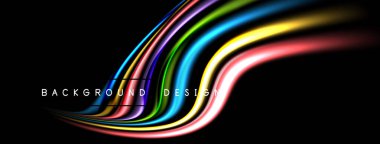 Soyut renkli çizgiler siyah arkaplanı süpürüyor. Canlı kıvrımlar dinamik görsel efekt yaratır. Modern tasarım ögesi.