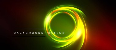 Soyut neon halkalar, canlı renkler harmanlanmış. Arkaplanda metin arkaplan tasarımı var. Karanlık uzay parlayan elementleri sarar.