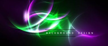 Soyut tasarım canlı mor, yeşil ışık çizgileri içerir. Dinamik eğriler enerji yaratır, modern estetik. Arkaplan teknoloji ve yenilik öneriyor.