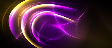 Parlak soyut çizgiler girdap şekilleri oluşturur. Canlı mor, altın renkleri koyu arkaplana hakim. Dinamik enerji merkezden yayılır.