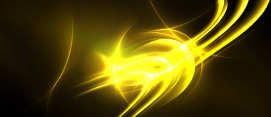 Parlak sarı enerji girdapları, ışık saçıyor. Soyut tasarım hareketi, gücü, dinamik görsel etkiyi çağrıştırıyor. Koyu arkaplan aydınlığı artırır.