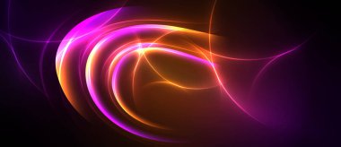 Soyut girdaplar, canlı renkler. Turuncu, mor renkler dinamik enerji yaratır, akış biçimleri koyu arkaplana hakim olur..