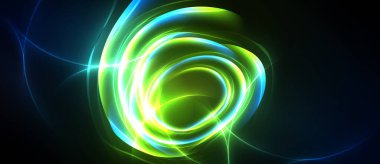 Parlak dönen ışıklar soyut dairesel desen oluşturur. Canlı yeşil, mavi renkler koyu arkaplana hakim. Enerji dışarıya doğru yayılır..
